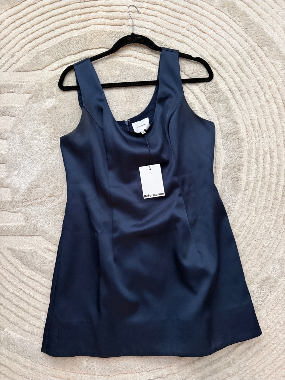 Reformation Navy Satin Scoop-Neck Mini Dress Franceska